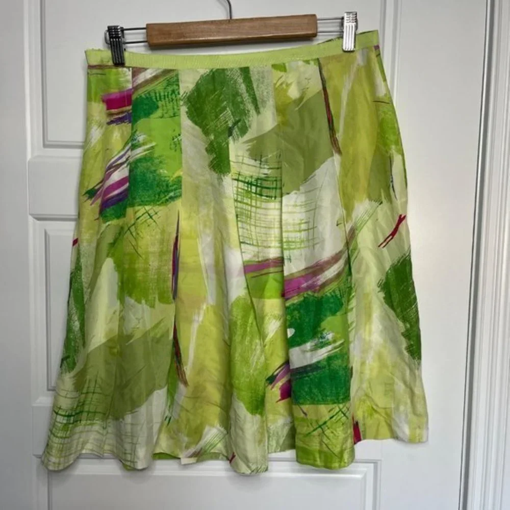 Melrose Women's Green, Pink 100% Silk Unlined Lightweight Pleated‎ Skirt Size 10